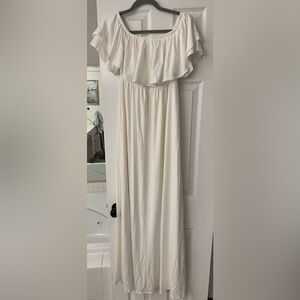 PinkBlush Ivory Off Shoulder Ruffle Trim Maternity Maxi Dress